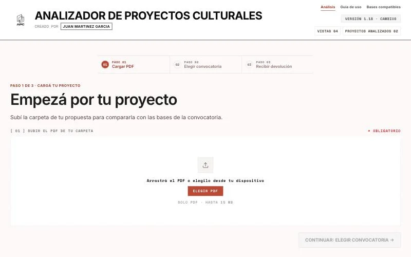 Pantalla de inicio del Analizador de Proyectos Culturales, paso 1: cargar el PDF del proyecto