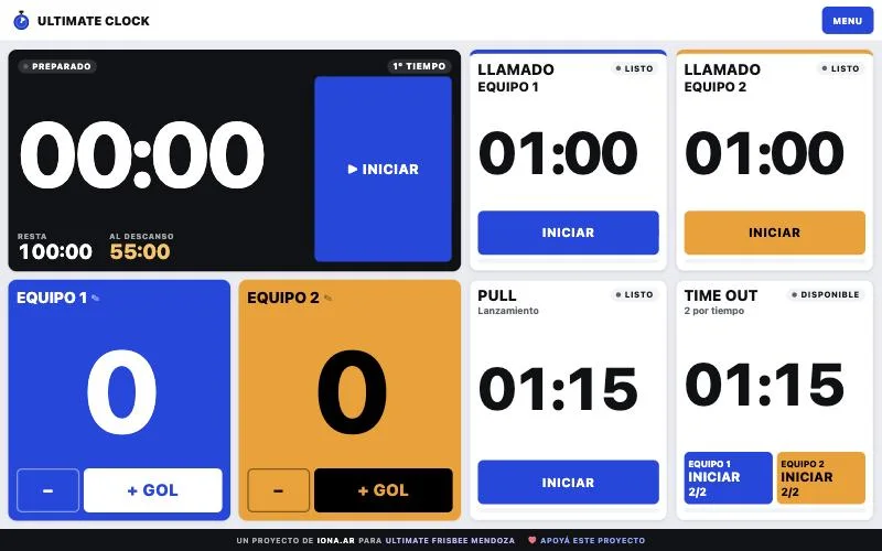 Ultimate Clock con el reloj de partido, los tiempos de llamado y el marcador de dos equipos